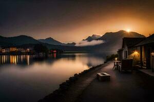 foto sfondo il cielo, montagne, lago, il sole, il montagne, il lago, il. ai-generato