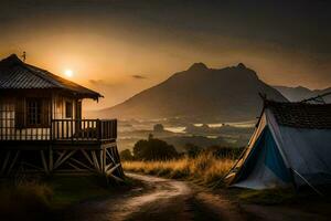 il sole sorge al di sopra di un' montagna e un' tenda nel il distanza. ai-generato foto