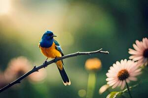 un' blu e giallo uccello si siede su un' ramo. ai-generato foto