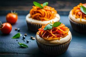 tre cupcakes con pomodoro salsa e basilico. ai-generato foto