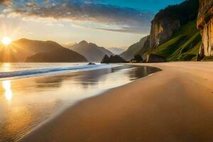 il sole imposta su il spiaggia e il onde siamo lavaggio al di sopra di il sabbia. ai-generato foto