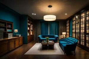 il vivente camera ha blu divani e un' caffè tavolo. ai-generato foto