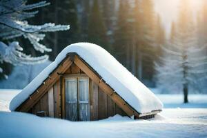 un' piccolo di legno capanna è coperto nel neve. ai-generato foto