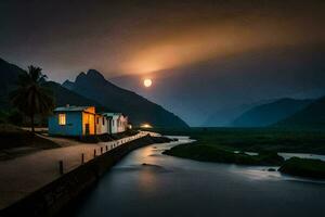 un' fiume e un' Casa nel il montagne a notte. ai-generato foto