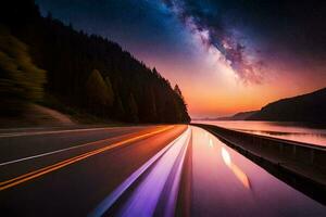 un' auto guida su un' autostrada a notte con il latteo nel il sfondo. ai-generato foto