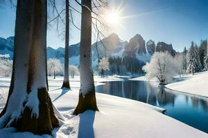 neve coperto alberi e un' fiume nel il montagne. ai-generato foto