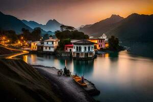 un' bellissimo tramonto al di sopra di un' lago e case. ai-generato foto