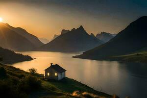 un' piccolo Casa si siede su il bordo di un' lago a tramonto. ai-generato foto