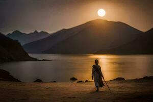 un' uomo a piedi lungo il spiaggia a tramonto. ai-generato foto