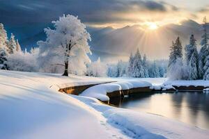 neve coperto alberi e un' fiume nel il montagne. ai-generato foto