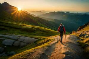 un' uomo passeggiate su un' sentiero nel il montagne. ai-generato foto