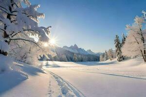 foto sfondo il cielo, neve, alberi, montagne, sole, alberi, alberi, inverno,. ai-generato
