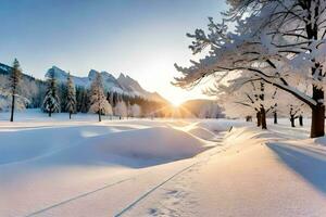neve coperto alberi e il sole ambientazione nel il sfondo. ai-generato foto