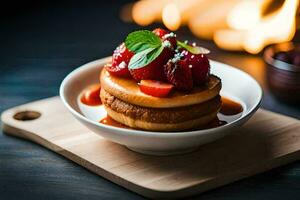 un' piatto con Pancakes sormontato con fragole e sciroppo. ai-generato foto