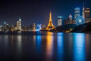 il città orizzonte a notte con il eiffel Torre nel il primo piano. ai-generato foto