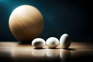tre uova e un' di legno uovo su un' tavolo. ai-generato foto