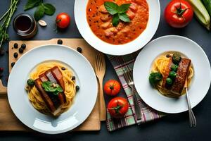 italiano cibo con pasta, carne e verdure su un' buio tavolo. ai-generato foto