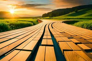 un' di legno passerella nel il mezzo di un' campo. ai-generato foto