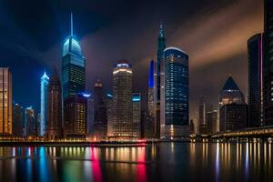 il città orizzonte a notte nel dubai. ai-generato foto