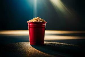 un' rosso tazza di Popcorn su un' buio superficie. ai-generato foto