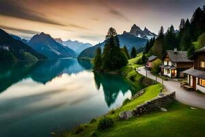 un' Casa si siede su il bordo di un' lago con montagne nel il sfondo. ai-generato foto