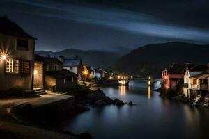 un' fiume nel il mezzo di un' cittadina a notte. ai-generato foto