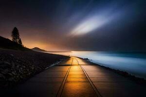 un' lungo esposizione fotografia di un' strada principale per il oceano. ai-generato foto