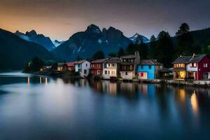 un' lago e case nel il montagne a tramonto. ai-generato foto