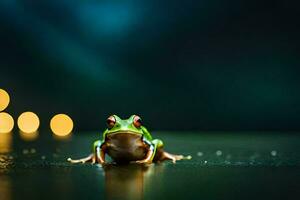 un' rana seduta su il terra nel davanti di un' sfocato sfondo. ai-generato foto