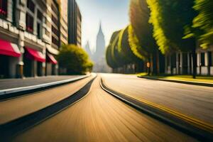 un' sfocato Immagine di un' città strada con un' treno. ai-generato foto