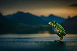 un' rana in piedi su il bordo di un' lago a tramonto. ai-generato foto