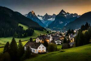 un' villaggio nel il montagne a tramonto. ai-generato foto