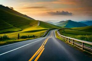 un' strada nel il montagne con un' tramonto. ai-generato foto