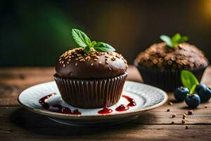 cioccolato cupcakes su un' piatto. ai-generato foto