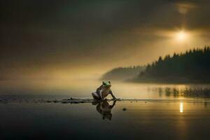 un' cane seduta su il riva di un' lago a Alba. ai-generato foto