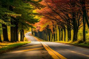 un' strada foderato con alberi nel il autunno. ai-generato foto