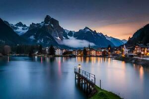 un' lago e montagne a crepuscolo. ai-generato foto