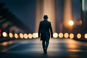 un' uomo nel un' completo da uomo e cappello a piedi giù un' strada a notte. ai-generato foto