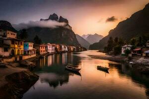 un' fiume nel il montagne con Barche e case. ai-generato foto