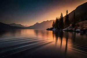 un' bellissimo tramonto al di sopra di un' lago con alberi e montagne. ai-generato foto