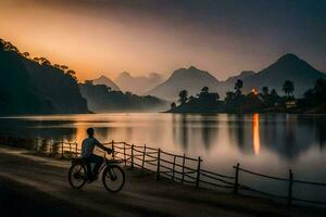 un' uomo equitazione il suo bicicletta lungo il riva di un' lago a tramonto. ai-generato foto