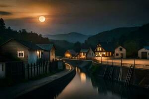 un' fiume corre attraverso un' cittadina a notte con un' pieno Luna. ai-generato foto