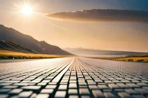 un' strada con un' sole splendente nel il sfondo. ai-generato foto