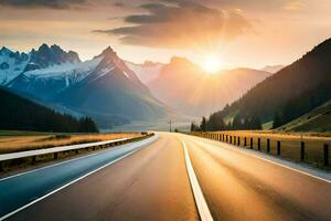 un' strada nel il montagne con il sole ambientazione. ai-generato foto