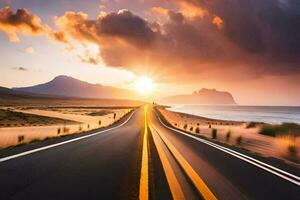 un' lungo strada con il sole ambientazione al di sopra di il oceano. ai-generato foto