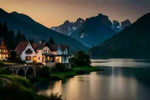 foto sfondo il cielo, montagne, lago, Casa, Casa, il montagne, il lago,. ai-generato