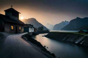 un' Casa si siede Il prossimo per un' fiume nel il montagne. ai-generato foto