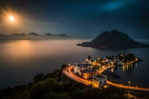 il Luna sorge al di sopra di il lago e cittadina a notte. ai-generato foto