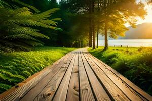 di legno sentiero principale per il lago a tramonto. ai-generato foto