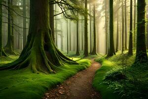 un' sentiero attraverso un' verde foresta con alberi. ai-generato foto